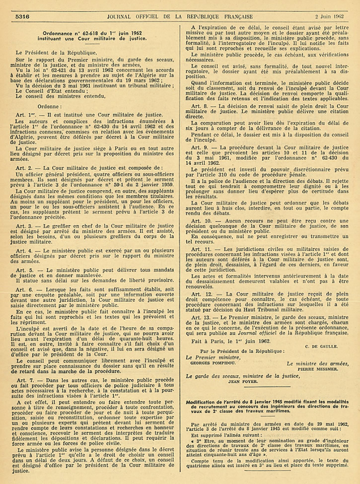 Decret créant une Cour Militaire de Justice.