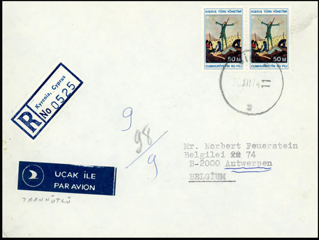 1èere série timbres Chypre Turc sur lettre recommandée