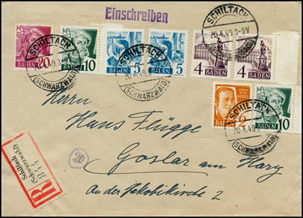 Lettre recommandée de Bade pour la zone britannique affranchie en timbres sans mention Dpf