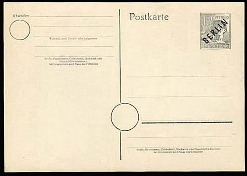 Entier carte postale à 12Rpf avec surcharge noire BERLIN