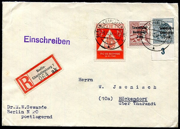 Lettre de Berlin-Ouest pour la SBZ affranchie entièrement en timbres de la zone soviétique et acheminée  normalement 12/48