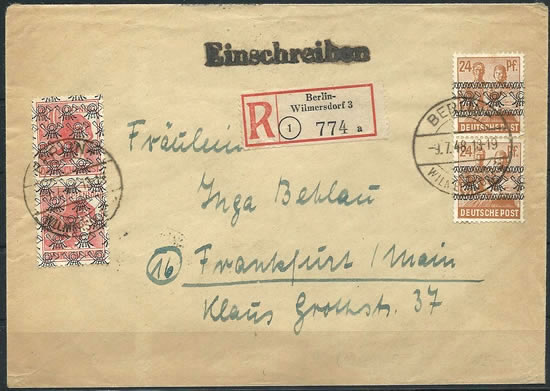Timbres surchargés  cor de poste sur lettre de Berlin juillet 48
