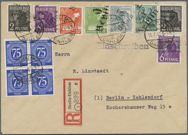 Courrier à l'intérieur de Berlin-Ouest affranchi en timbres de la zone soviétique