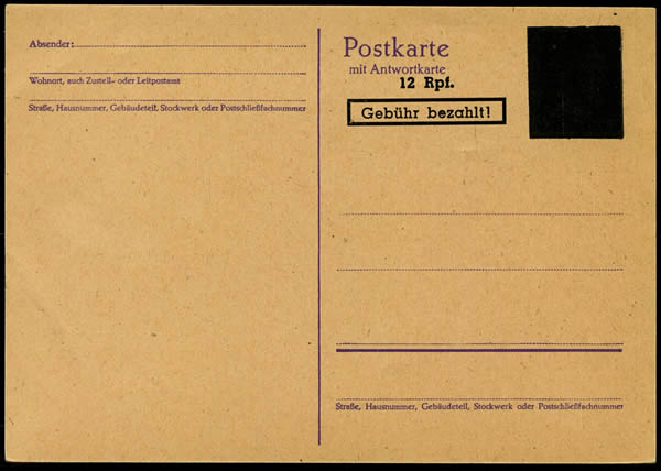 Entier carte postale caviardé et surcharge 12 Rpf