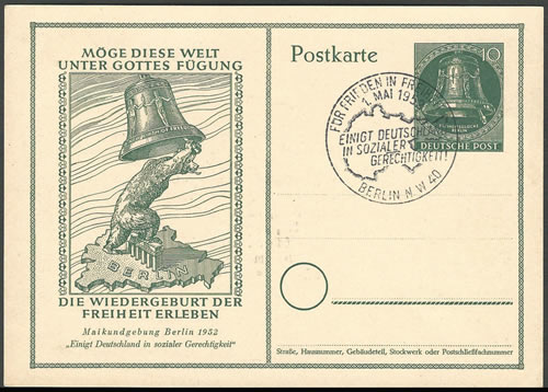 entier carte postale cloche de la Liberté de Berlin spéciale 1er mai