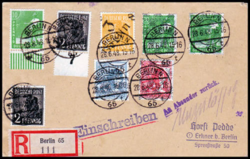 Lettre de Berlin-Ouest affranchie avec timbres de la bizone refoulée
