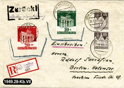 Lettre affranchie avec timbres Helft Berlin retournée à l'envoyeur