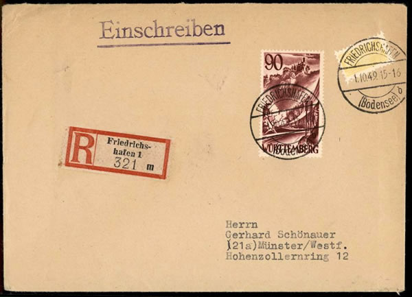 Lettre recommandée du Wütemberg avec vignette jaune de reconstruction