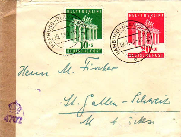 Les deux  timbres helft Berlin sur lettre censurée pour la Suisse