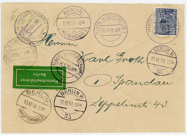 Lettre pour Spanda de Berlin par la Postschnelldienst 1950