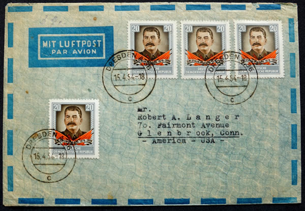 Timbres Stalin de DDR sur lettre pour les USA
