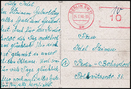Carte postale locale berlin-ouest vers Berlin Est fevrier 49 affranchissement avec EMA neutre
