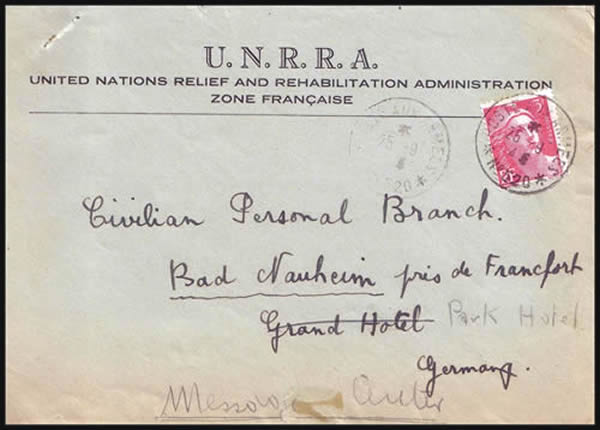 Lettre de l'UNRRA en ZOF 1946