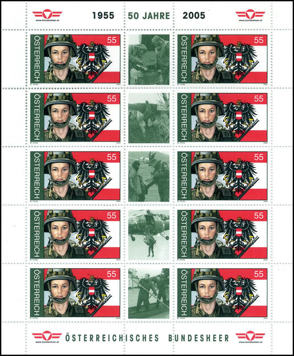 feuille du timbre célébrant les 50 ans de l'Armée autrichienne