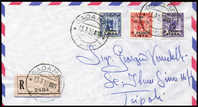 Lettre de Ghadames avec timbres surchargés et  cachet italien gratté