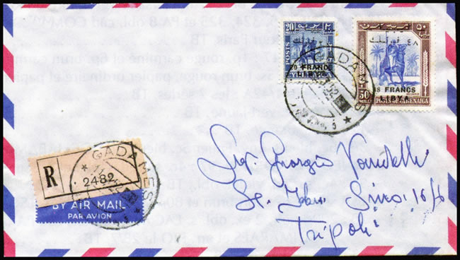 Lettre recommandée de Ghadames avec timbres surchargés et cachet gratté