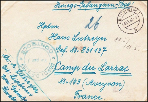 Courrier d'un prisonnier allemang vers le camp du Larzac