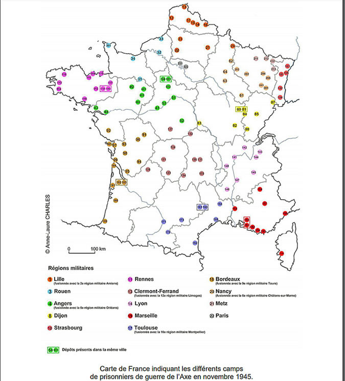 Carte des camps de Prisonniers de guerre de l'Axe en métropole