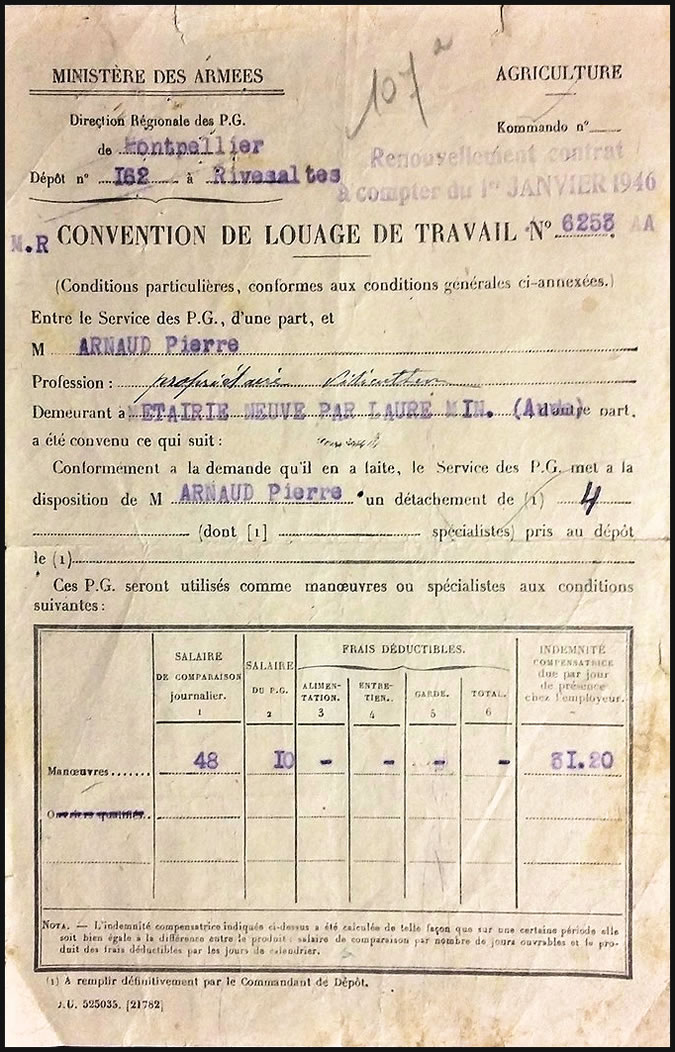 Convention de louage d'un prisonnier de guerre de l'Axe