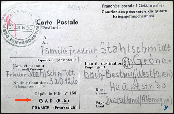 carte stand pour prisonnier de guerre standard avec nom du camp imprimé