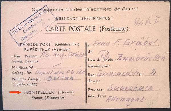 Carte postale pour les Prisonniers de l'Axe de Montpellier