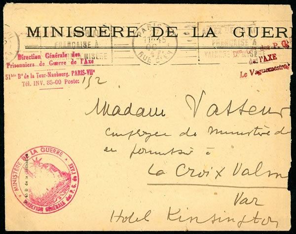 Lettre de la Direction Générale des Prisonniers de Guerre de l'Axe à Paris