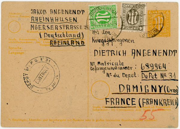Entier postal allemand type AM Post pour un prisonnier de l'Axe à Damigny (Orne)