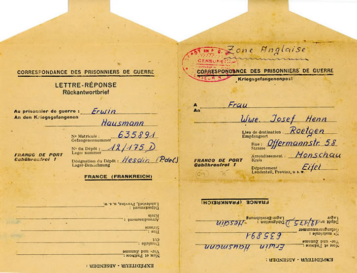 Lettre-réponse complète pour prisonniers de guerre de l'Axe