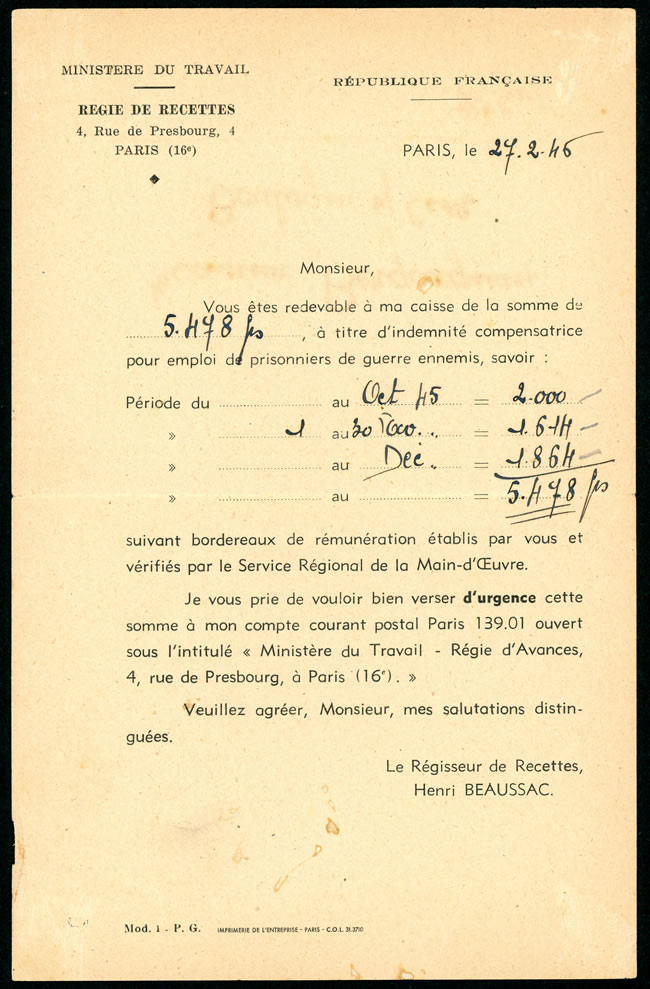 paiement des salaires des Prisonniers de guerre de l'Axe