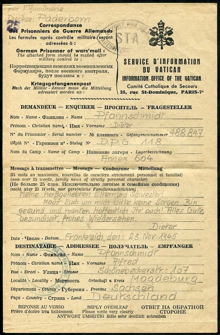Formulaire du Vatican pour Prisonniers de guerre de l'Axe