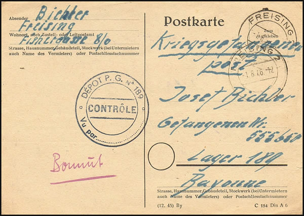 CP de bavière pour un prisonnier de guerre de l'Axe à bayonne