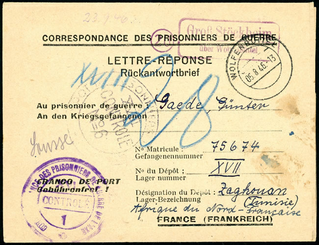 Lettre réponse pour un prisonnier de guerre de l'Axe en Tunisie (camp XVII Zagghouan)