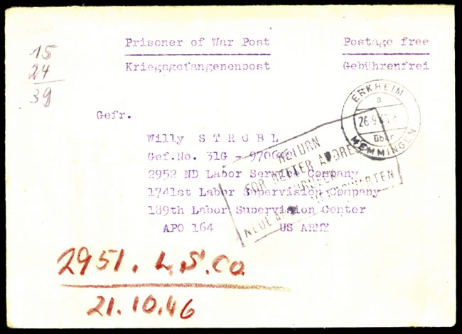 Prisonnier allemand transféré d'un camp américain à un camp français avec griffe de retour