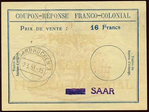 Coupon-réponse franco-colonial surchagé SAAR en bleu