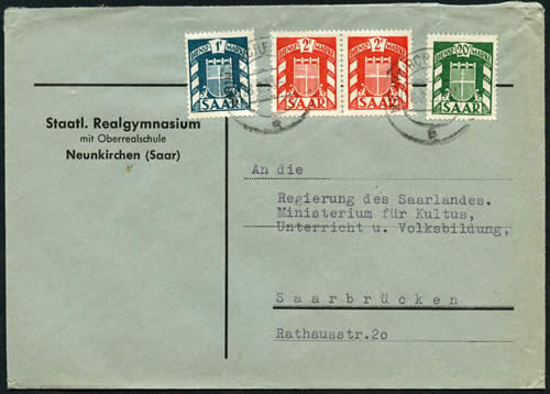 Timbres de service de Sarre sur lettre 1F + 2x2F + 20F