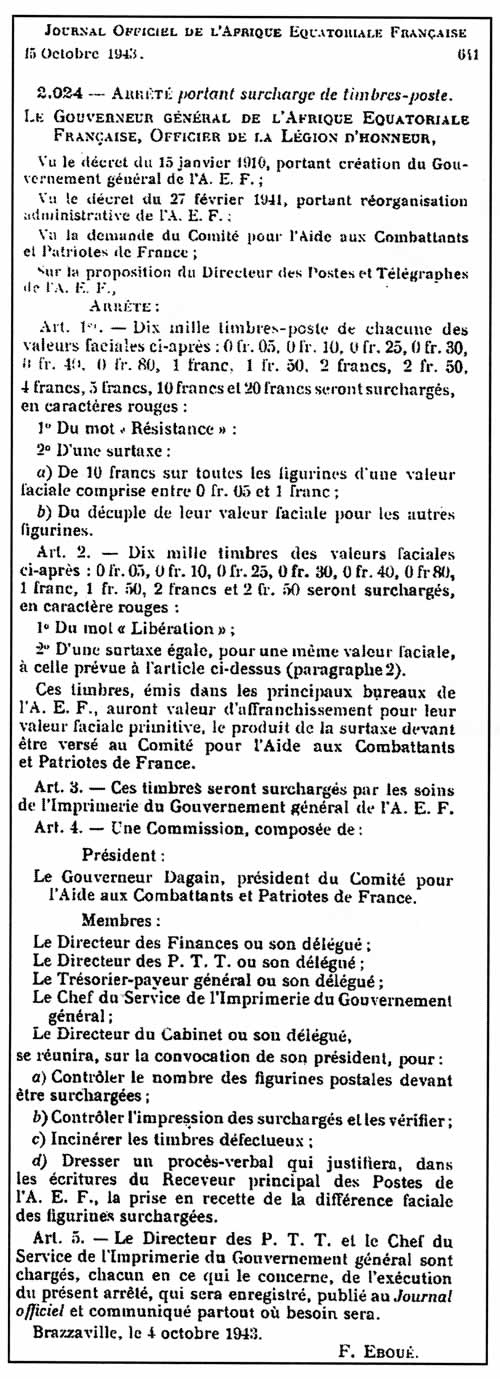 Arrêté emission timbres Résistance et Libération