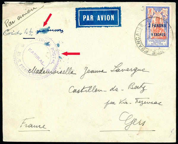 Lettre censurée de Karikal pour la France 1940