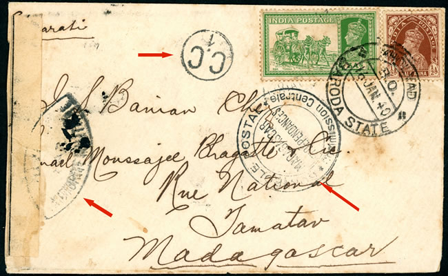 Lettre des Indes censurée à Madagascar 1940