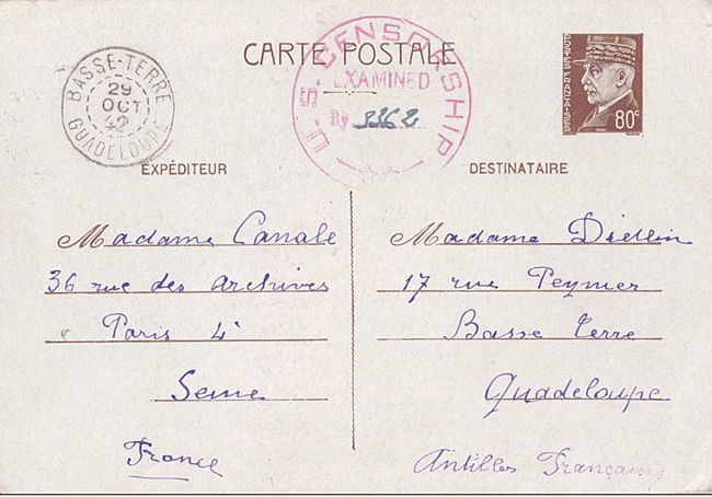 Entier pétain 80c Paris vers Guadeloupe via USA