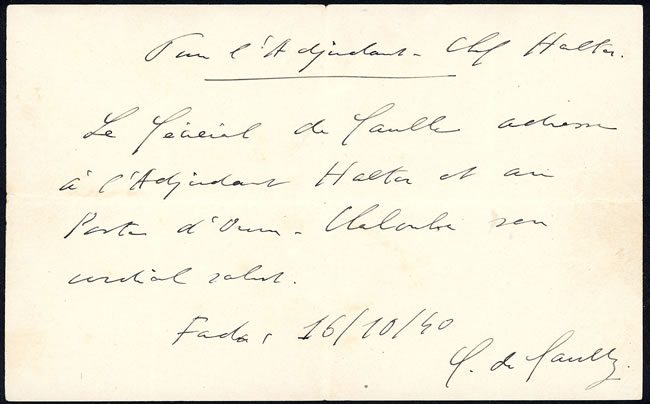 Lettre manuscrite du général de Gaulle lors de sa visite à Fada (Tchad) 16-10-1940