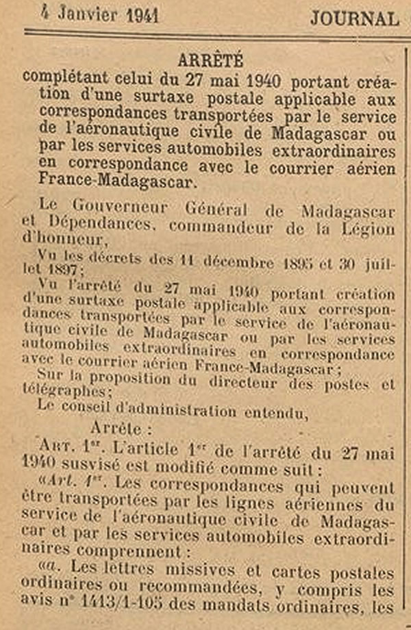 Surtaxe aérienne intérieure  30/12/40  à Madagascar