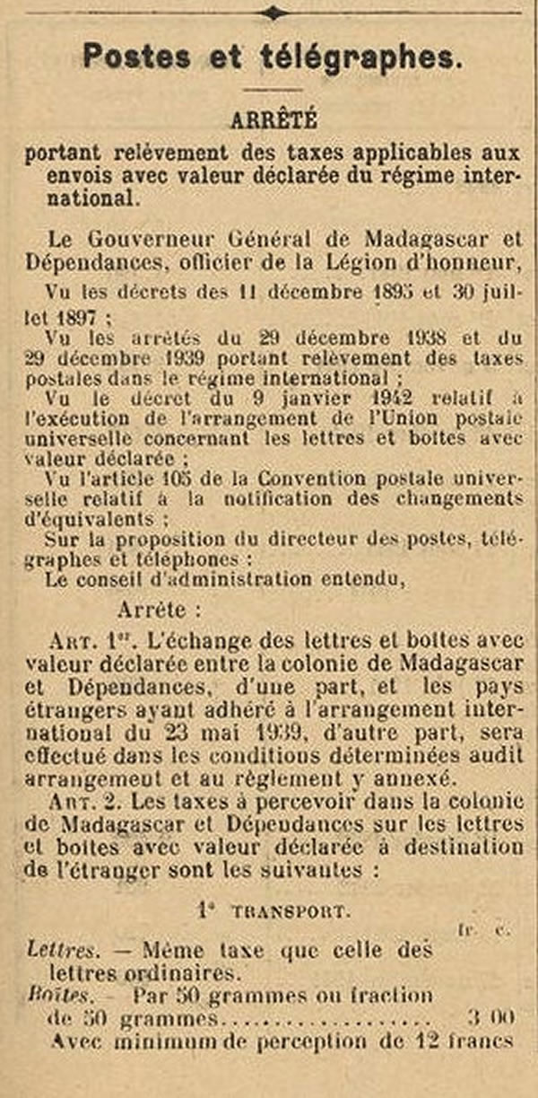 Tarif international valeurs déclarées 1/4/42