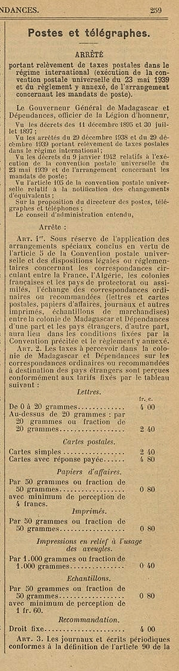 Tarif internationa 1er avril  1942