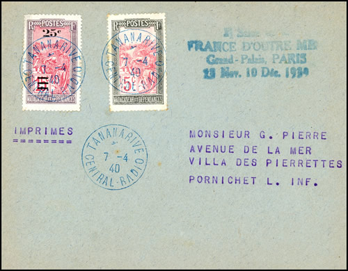 Madagascar griffe Salon France-Outre-mer 1939 et cachet Tananrive Central radio