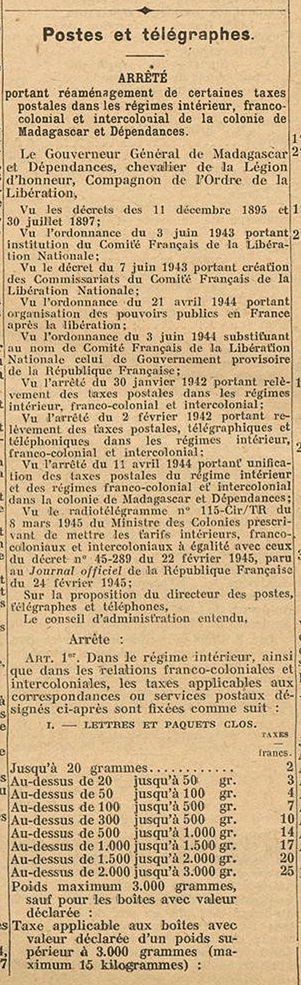 Tarif franco-colonial Madagascar 26/3/45