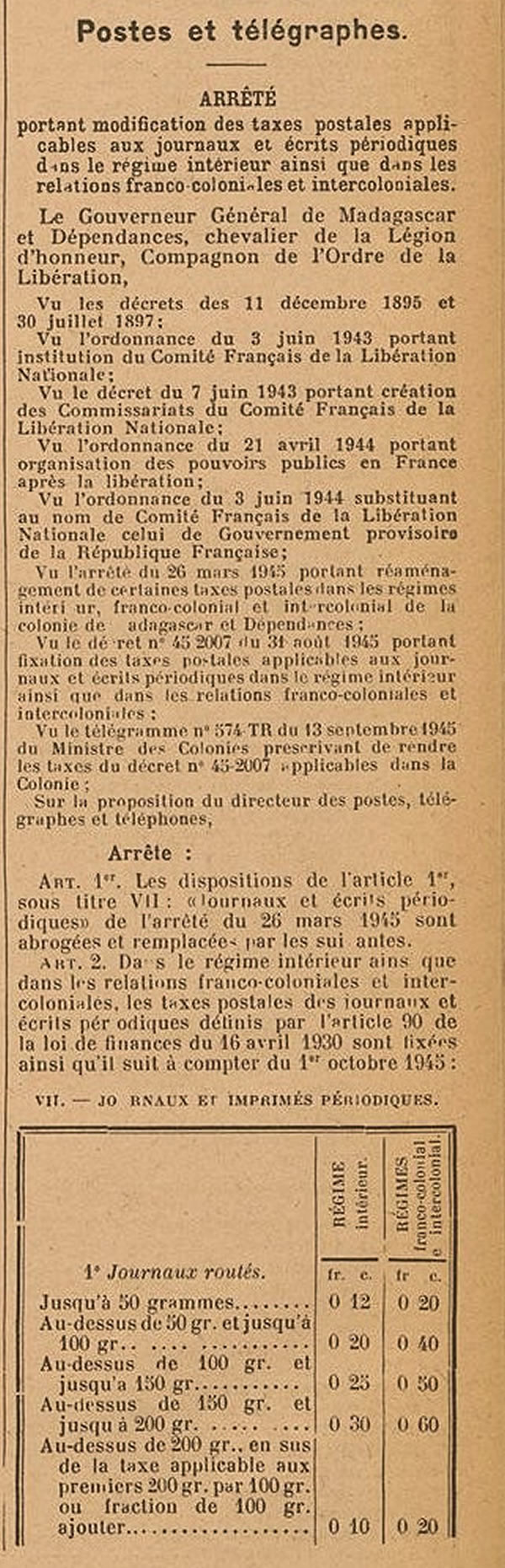 tarif interieur des journaux à madagascar 26-9-45