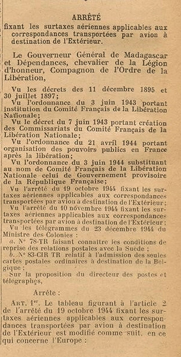 surtaxes aériennes Europ e janvier 1945 au départ de Madagascar