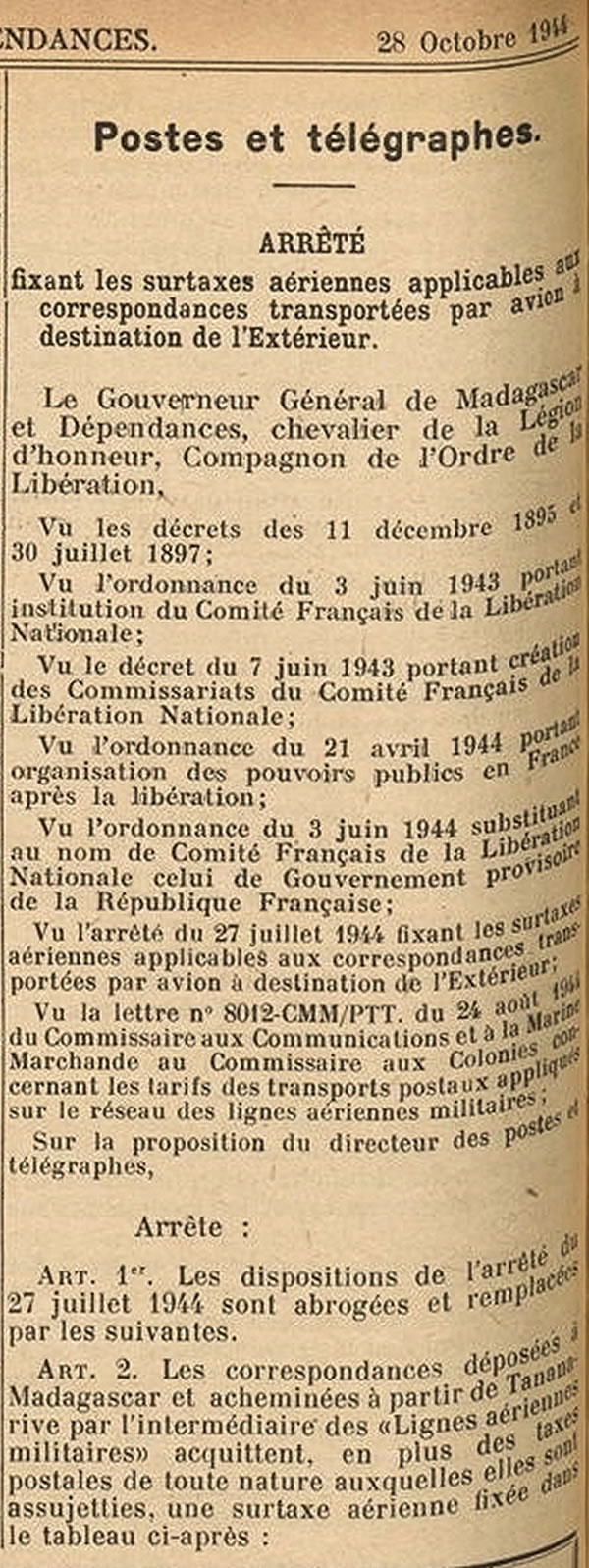 Madagascar Surtaxes aériennes 10/10/44