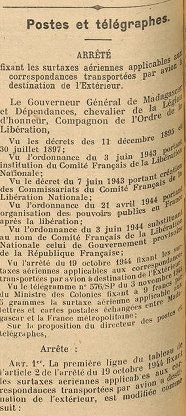 surtaxes aériennes 10 novembre 1944 audépart de Madagascar