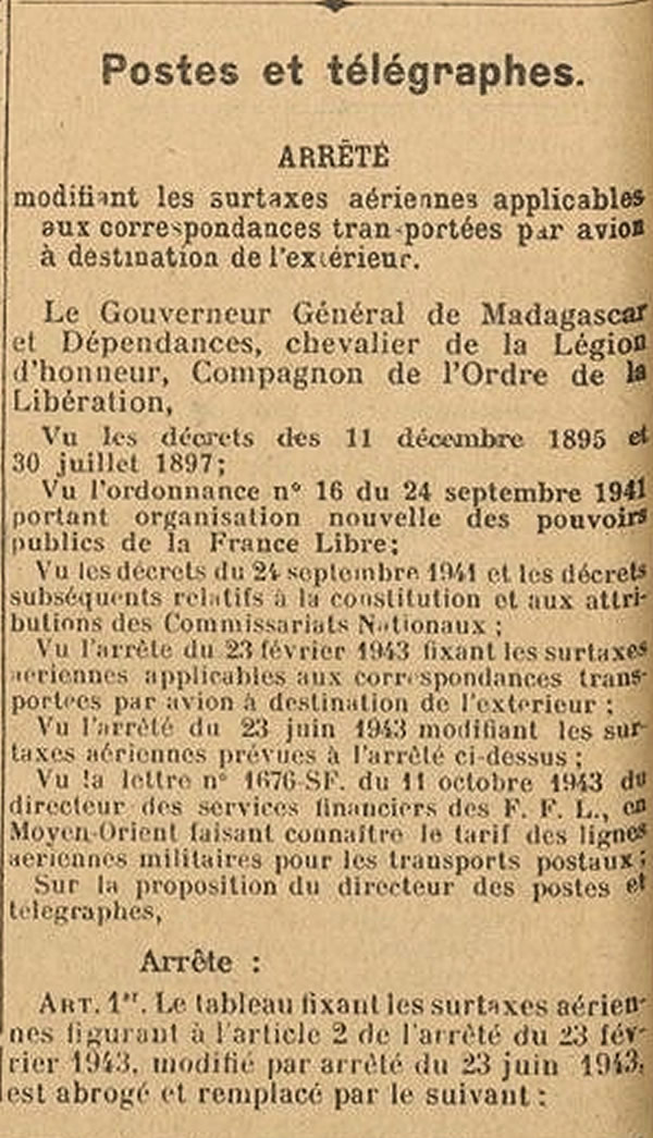 Surtaxes aériennes au départ de Madagascar 16-11-43